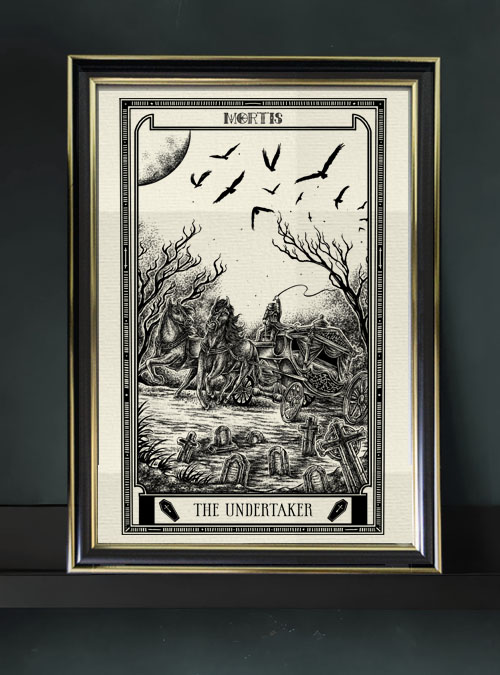 photo d'une illustration dans un cadre noir et doré , représentant une carte de tarot qui se nomme the undertaker design par acid factory